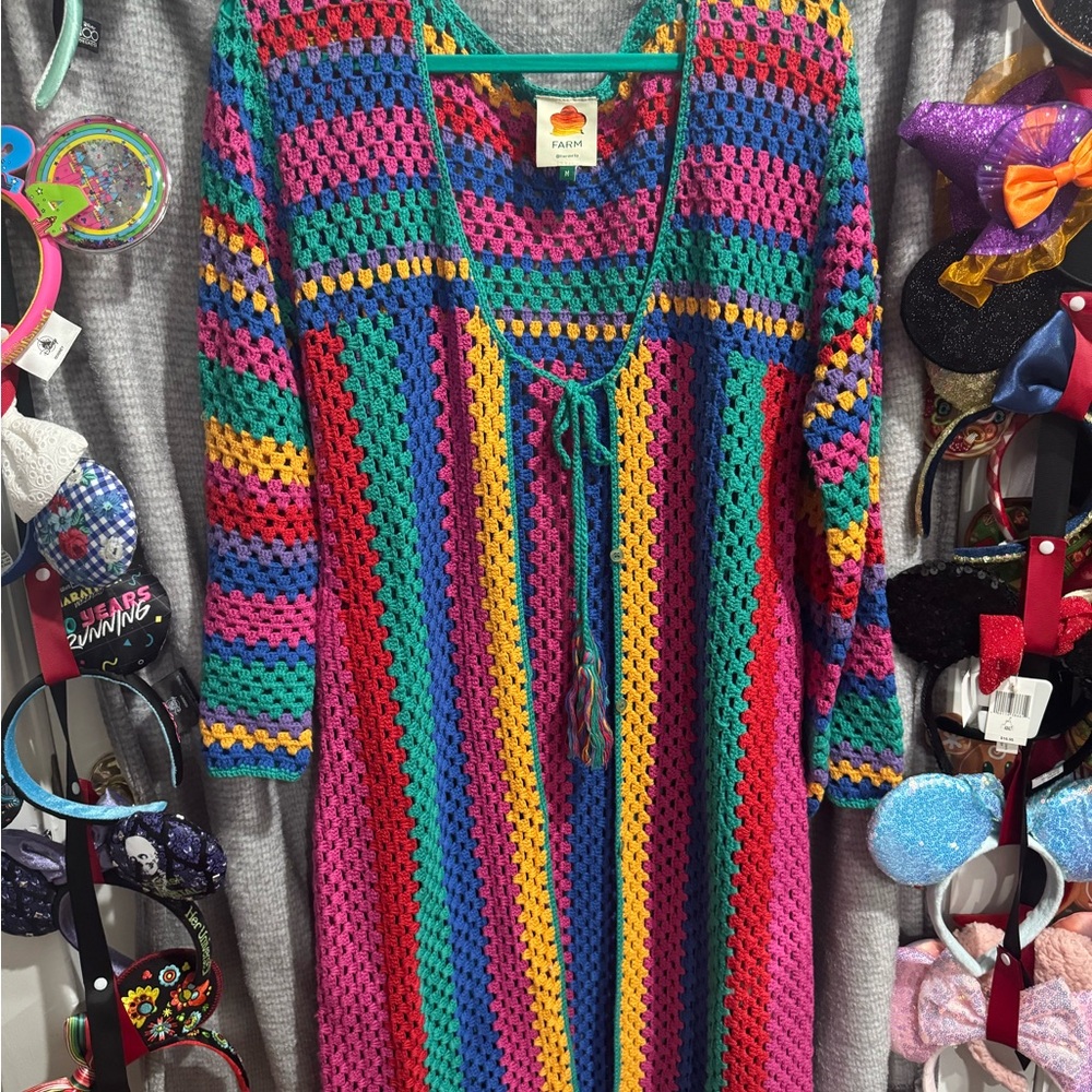 NWOT FARM RIO Brunas Stripe Crochet 100% Cotton Knit Cover-Up Midi Duster